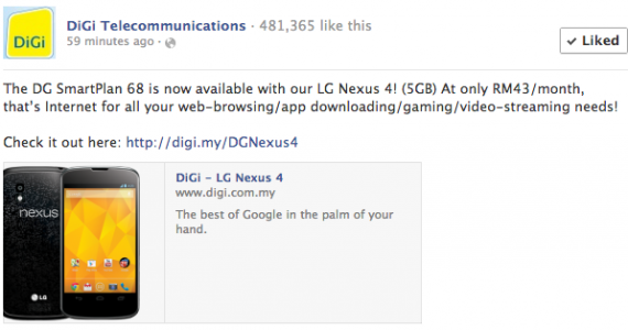 DiGi Now Offering Nexus 4 with Smart Plan 68 at RM43/Month
