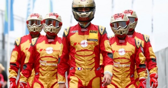 Audi Sport DTM Team with Their Iron Man Racing Suits and Helmets