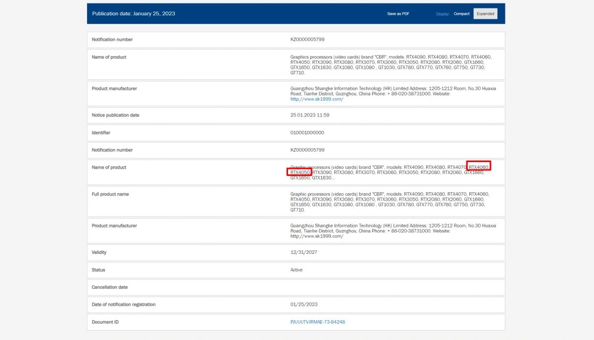 NVIDIA GeForce RTX 4060 And 4050 Graphics Cards Filing Appears On EEC  - 31