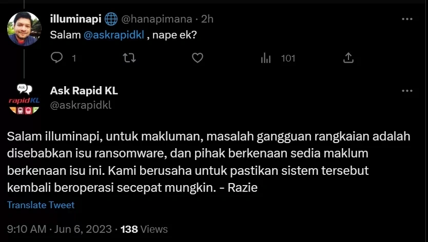 RapidKL Says MRT Putrajaya Line Was Affected By Ransomware In Now Deleted Tweet - 99