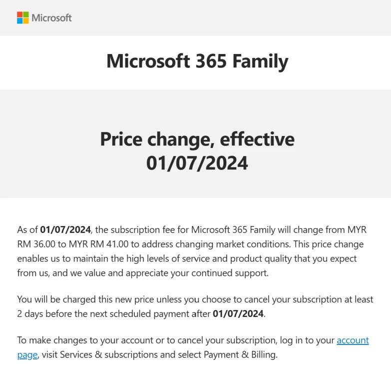 Microsoft 365 Family monthly sub price change