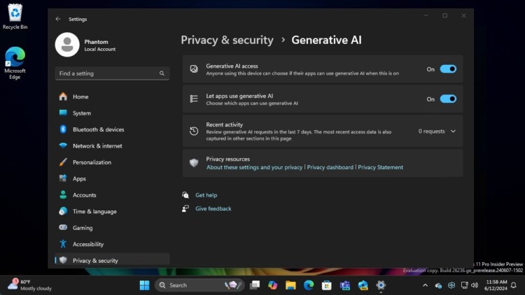 Windows 11 Insider Preview Build 26236 apps generative AI access permissions