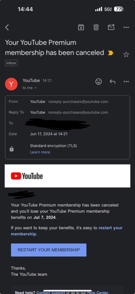 YouTube Premium subscription cancelled