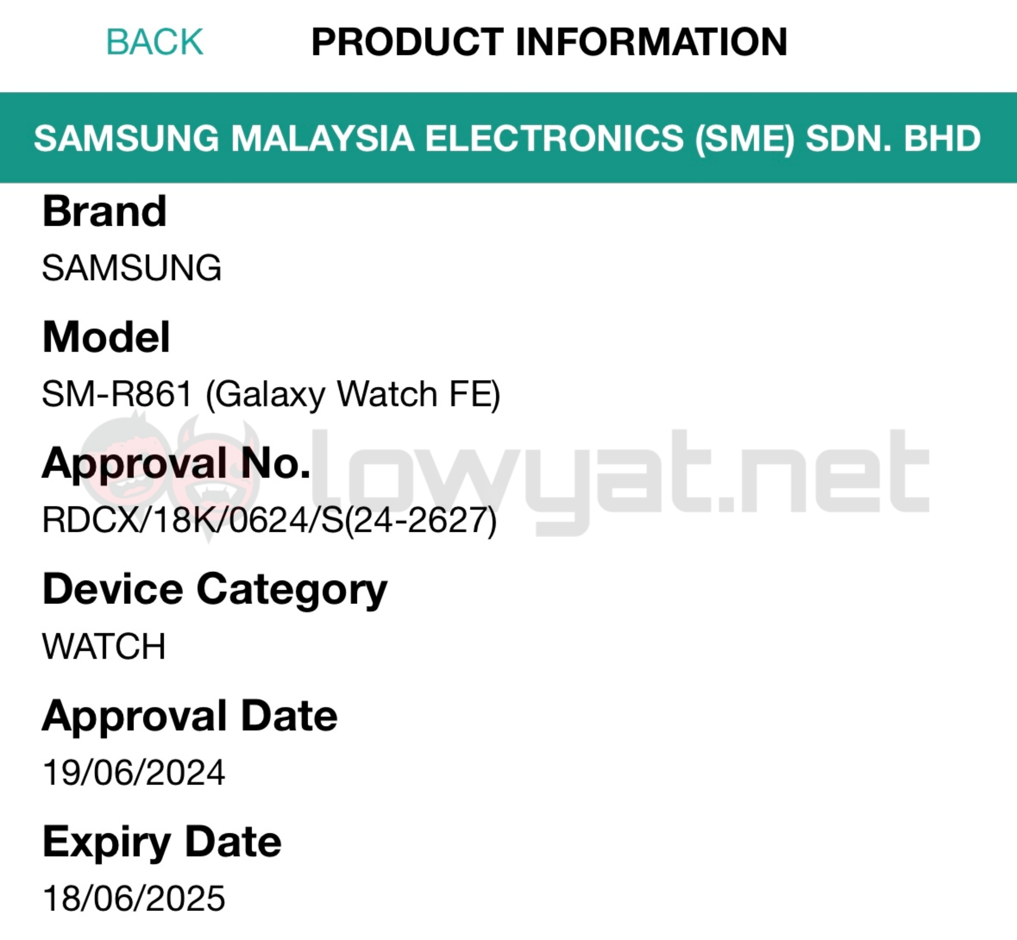 Samsung Galaxy Watch FE SIRIM listing