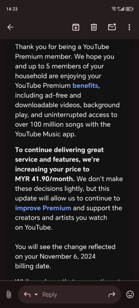 YouTube Premium subscription price hike email