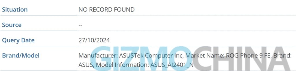 ASUS ROG Phone 9 FE GSMA listing
